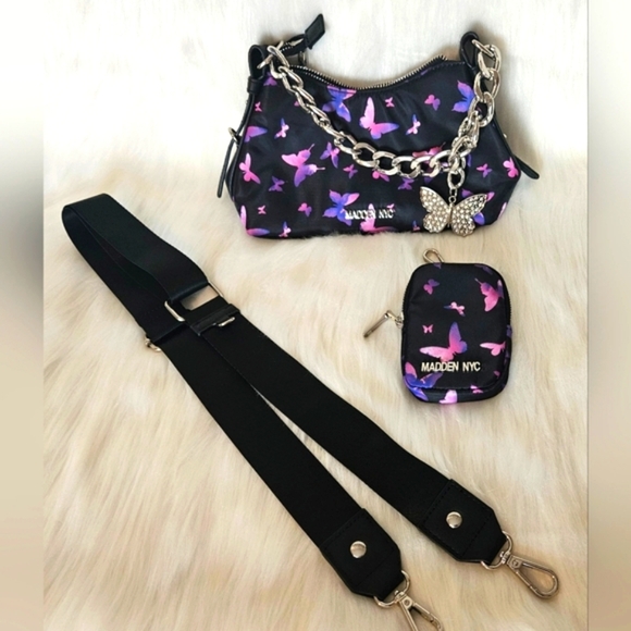 Steve Madden NYC Rosa Y Negro Mariposa Chain Purse w/Pouch and Nylon Crossbody - Picture 3 of 7